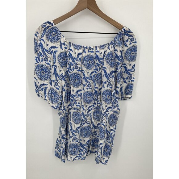 Talbots Trellis Peplum Puff Sleeve Blouse Women Large Blue White Floral Smocked - Picture 3 of 7